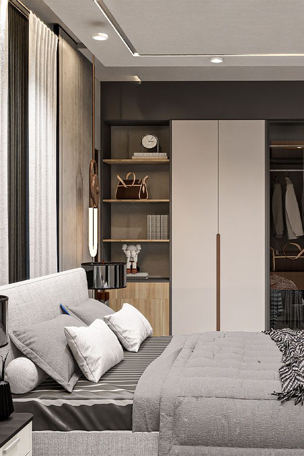 Cozy modern bedroom featuring a tufted headboard, warm wood accents, and soft ambient lighting